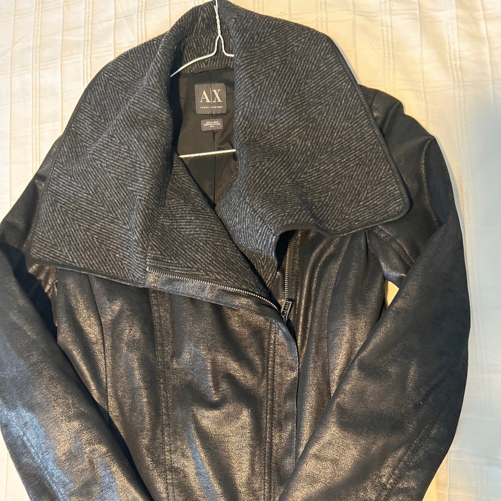 Armani Exchange Faux Leather Zip- Up Jacket with Cowl Neck